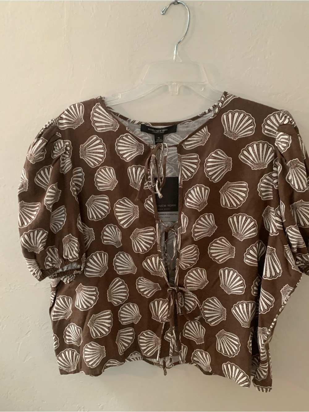 Marc New York Brown Shell-Print Tie-Front Linen Viscose  Blouse XL NWT ret $69